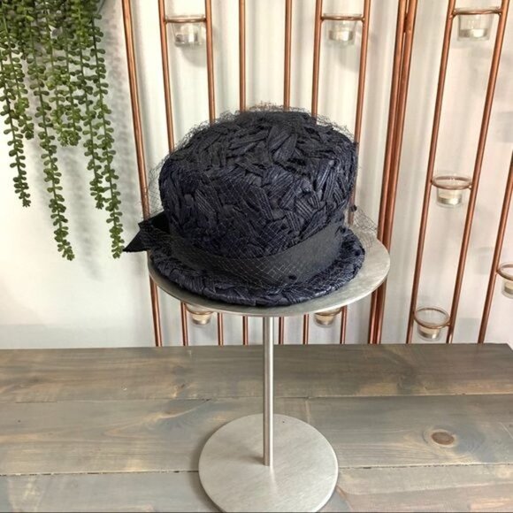 Vintage Navy Blue Cloche Hat with Mesh Overlay main image 7
